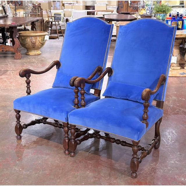 Mid 19th Century Pair of 19th Century French Louis XIII Walnut High-Back Armchairs With Velvet For Sale - Image 5 of 11