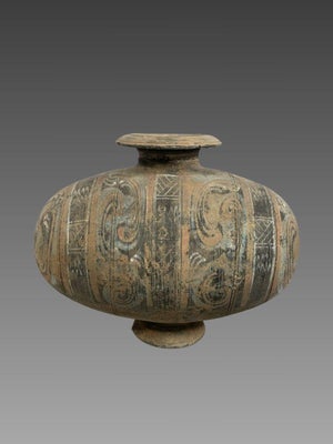 Polychrome earthenware cocoon vase, Early Han Dynasty (206 BC - 220 AD). Ancient China