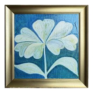 Original Framed Flower Painting, Green Botanical Wall Art, Oil on Canvas in Gold Frame, 14x14 Minimalist Boho Home Deco For Sale