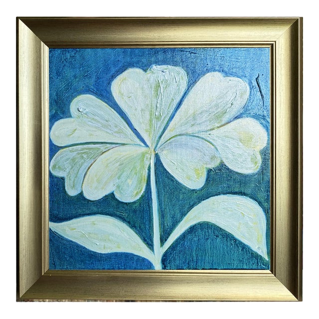 Original Framed Flower Painting, Green Botanical Wall Art, Oil on Canvas in Gold Frame, 14x14 Minimalist Boho Home Deco For Sale