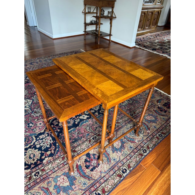 Baker Furniture English Regency Walnut and Burl Wood Parquet Top Nesting Tables, Pair For Sale In Washington DC - Image 6 of 12