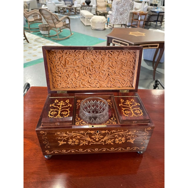 Mid 20th Century Vintage Inlaid Wooden Tea Caddy With Crystal Bowl For Sale - Image 5 of 5