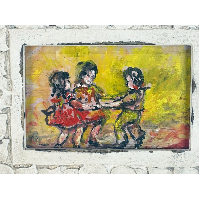 A wonderfully expressive vintage miniature painting depicting three children holding hands in a spirited game of “Round...