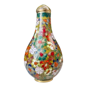 Antique Floral Cloisonné Snuff Bottle With Stopper & Spoon