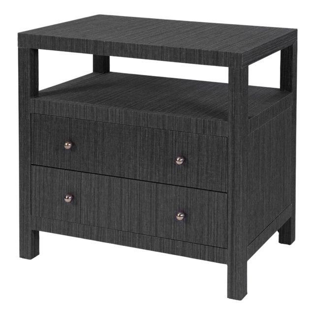 Nora 28 in. W Raffia 2 Drawer Nightstand with Top Open Shelf, Charcoal Raffia For Sale