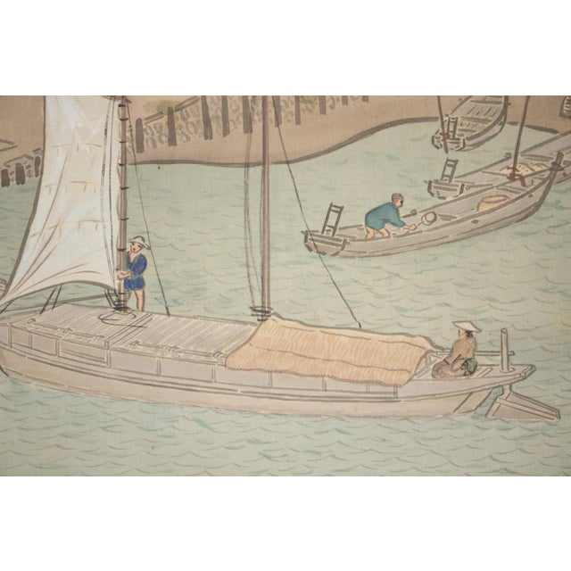 XXL "Fishing Village" by Yoshika, Taisho Japanese Silk Scroll Painting, in Original Wooden Case For Sale - Image 13 of 18