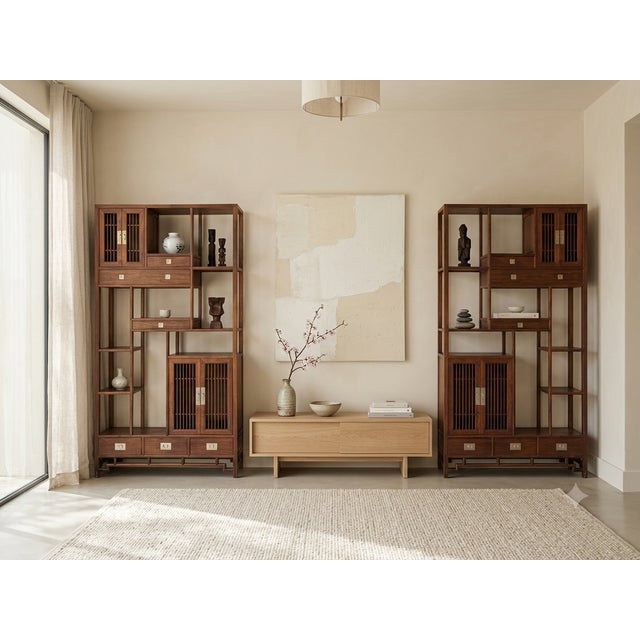 1990s Pair Asian Inspired Asymmetrical Light Brown Shelving Display Cabinet Divider For Sale - Image 5 of 13