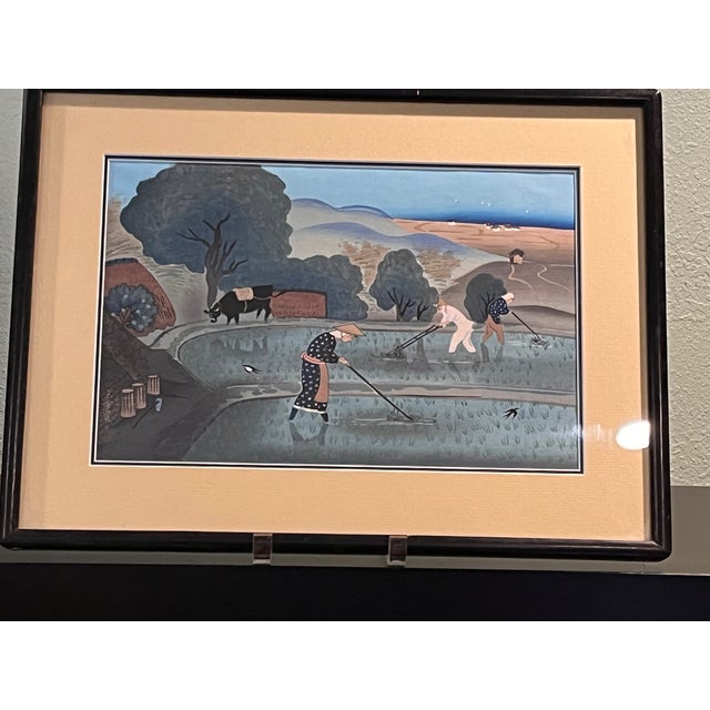 Late 20th Century Vintage Japanese Woodblock Print Farmers Rice Paddy Framed 19x14 Minato Trading For Sale - Image 5 of 6