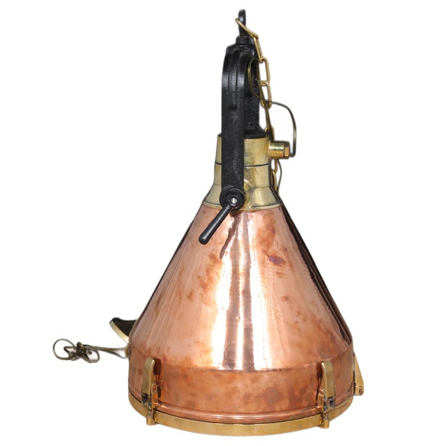 1970s Copper and Brass Nautical Ship's Pendant Lights - a Pair For Sale - Image 4 of 8