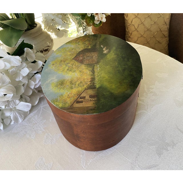 1980's Oval Bentwood Shaker Box, Folk Art Rural Scene, Artist Signed Inez, 11" For Sale - Image 10 of 17