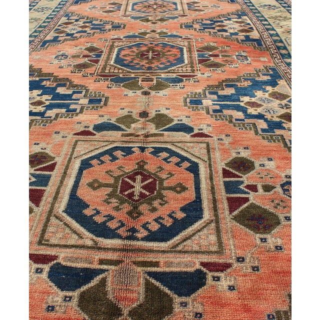 Mid 20th Century Vintage Oushak Rug From Turkey With Medallions in Salmon Pink and Blue For Sale - Image 5 of 8