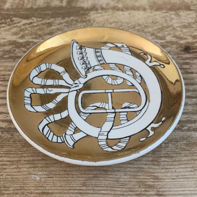 Gold Fornasetti French Horn Porcelain Ashtray