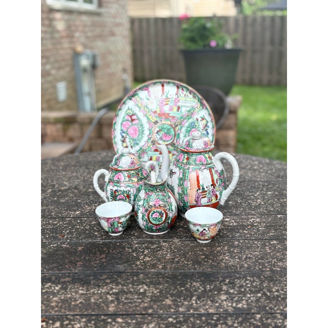 Vintage Porcelain Rose Medallion Coffee Tea Service Set of 6 For Sale - Image 9 of 11