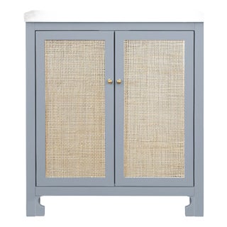 Matthew Izzo Home Boyd Light Blue Matte Lacquer Single Porcelain Sink Bath Vanity With Carrara Marble Top & Backsplash, 2 Caned Doors, and Brass Knobs For Sale