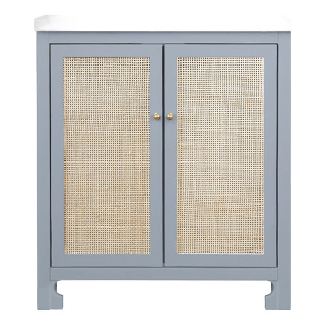 Matthew Izzo Home Boyd Light Blue Matte Lacquer Single Porcelain Sink Bath Vanity With Carrara Marble Top & Backsplash, 2 Caned Doors, and Brass Knobs For Sale