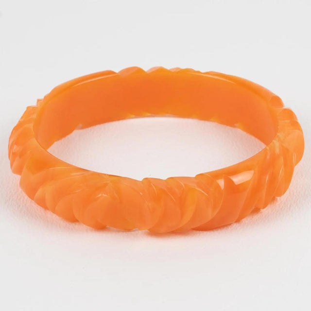 Bakelite Carved Bracelet Bangle Milky Orange Papaya For Sale - Image 4 of 5