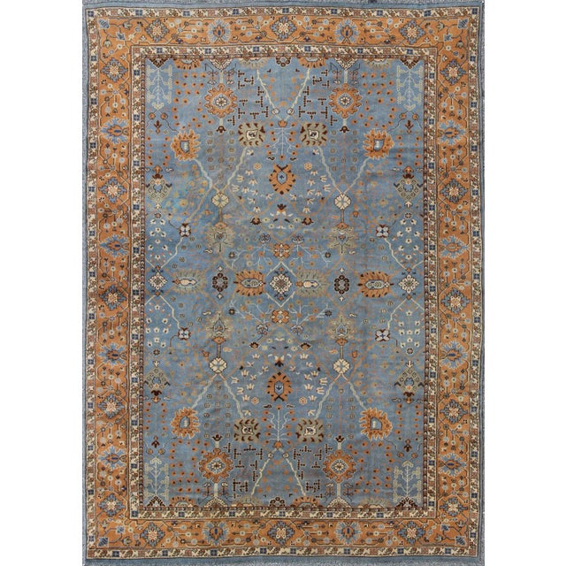 Vintage Turkish Oushak Blue Rug by Keivan Woven Arts 9′8″ × 13′3″ For Sale