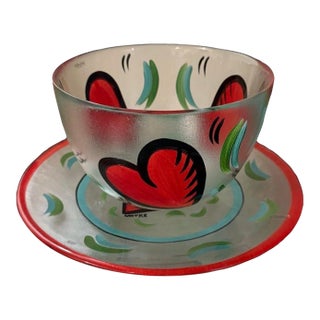 1970s Kosta Boda Signed Ulrica Hyman Vallien Hand Painted Heart Plate & Bowl For Sale