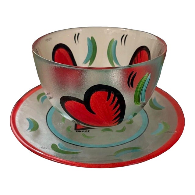 1970s Kosta Boda Signed Ulrica Hyman Vallien Hand Painted Heart Plate & Bowl For Sale