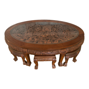 1980s Vintage Hand Carved Teak Coffee Tea Table With 6 Nesting Stools - Set of 7