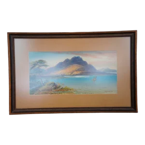 Antique Edwin Earp Nautical Mountain Seascape Sailboat Watercolor Painting 17"