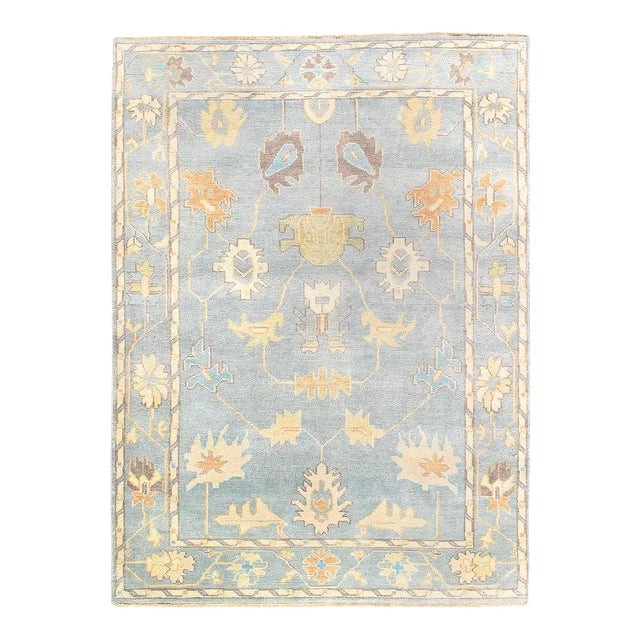 Light Blue Fine Hand Knotted Oushak Rug For Sale