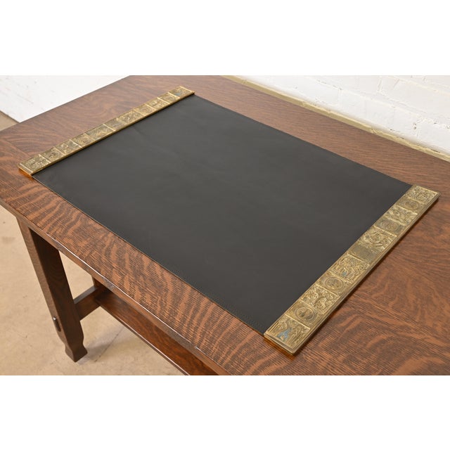 A gorgeous pair of antique gilt bronze Arts & Crafts period blotter ends in the "Bookmark" pattern with a custom black...