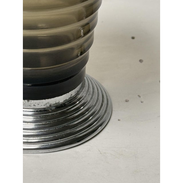 Art Deco Vases of Ribbed Smoked Glass and Chrome - From France (Two Available) For Sale - Image 11 of 15