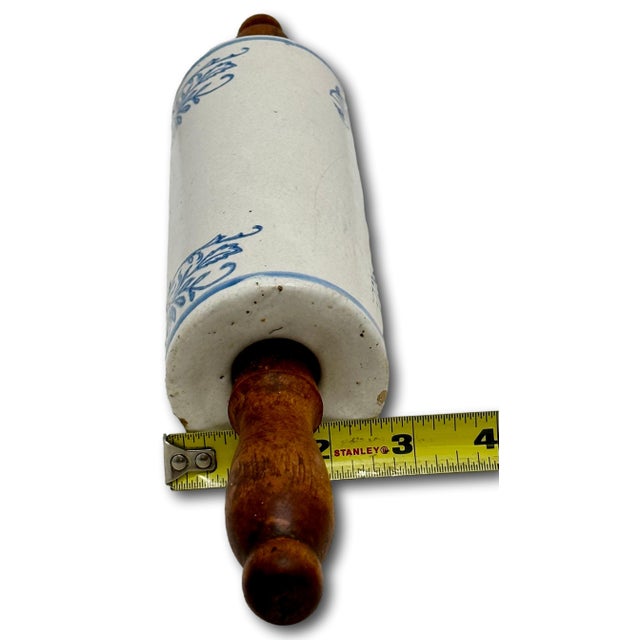 Unusual Antique American Wood Handle Stoneware Kitchen Rolling Pin With 4 Blue Wildflower Decorations For Sale - Image 16 of 16