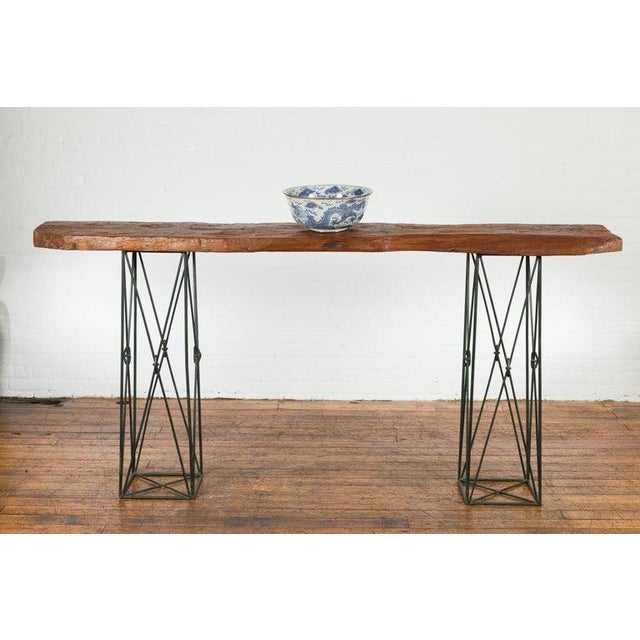 Contemporary Contemporary Console Table with Reclaimed Wood Top & Metal Bases For Sale - Image 3 of 12
