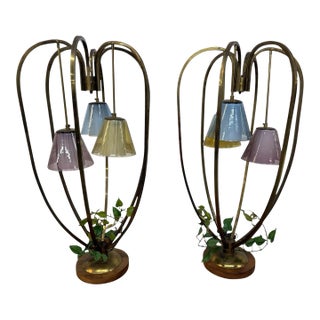 1960s Mid-Century Modern Walnut & Brass Cage Lamps - Set of 2 For Sale