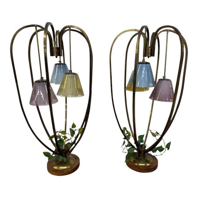 1960s Mid-Century Modern Walnut & Brass Cage Lamps - Set of 2 For Sale