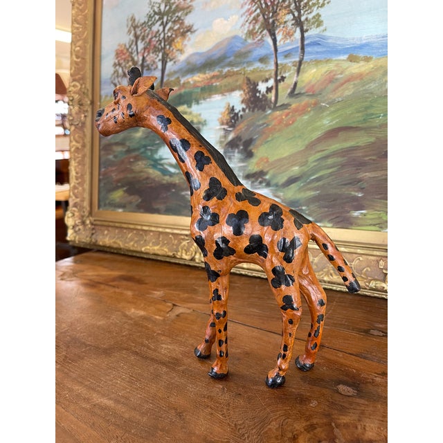 Folk Art Hand-Carved Painted Wooden Giraffe Sculpture With Black Markings. For Sale - Image 3 of 9