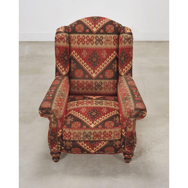 2000 - 2009 King Ranch Kilim Rug Style Upholstered Lounge Chair + Ottoman For Sale - Image 5 of 18