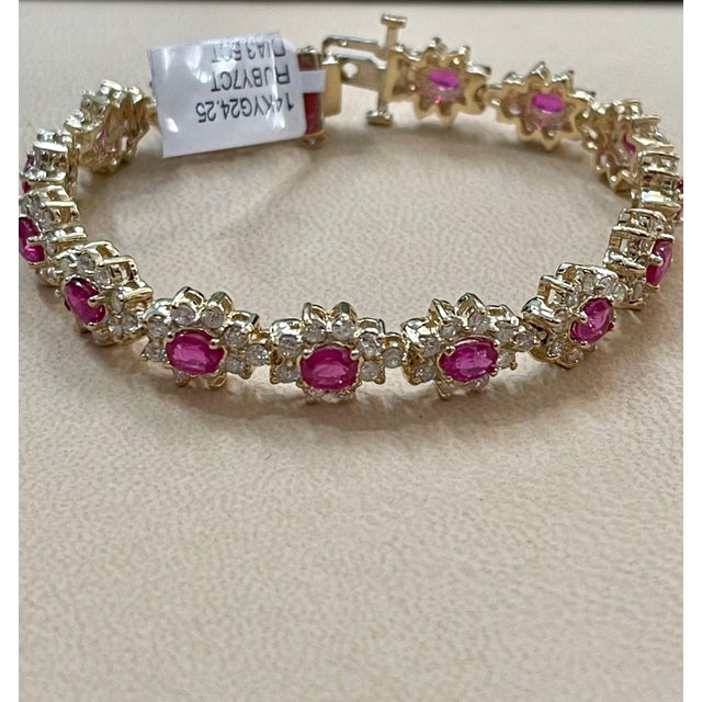 Arts & Crafts 7 Carat Oval Cut Natural Ruby & Diamond Tennis Bracelet 14kt Yellow Gold 24.5 G For Sale - Image 3 of 18