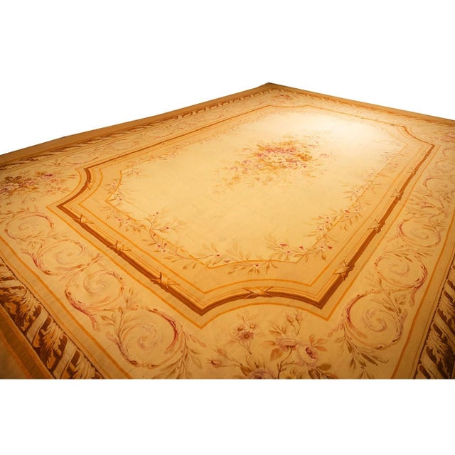 1850s Antique Masterpiece Beige Field Floral Medallion Flatweave French Aubusson Rug For Sale - Image 4 of 7