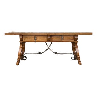 Late 19th Century Spanish Bench or Low Console Table with Drawers, Lyre Legs and Iron Stretcher For Sale