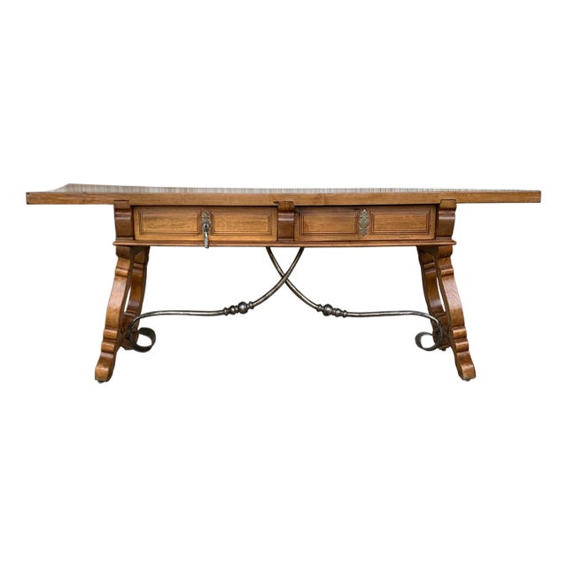 Late 19th Century Spanish Bench or Low Console Table with Drawers, Lyre Legs and Iron Stretcher For Sale