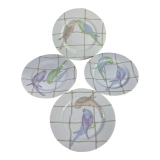 Vintage Mid-Century Modern Fitz & Floyd Pastel Parakeets Birds Salad Plates -Set of 4 For Sale