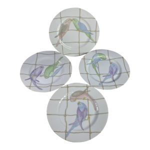 Vintage Mid-Century Modern Fitz & Floyd Pastel Parakeets Birds Salad Plates -Set of 4