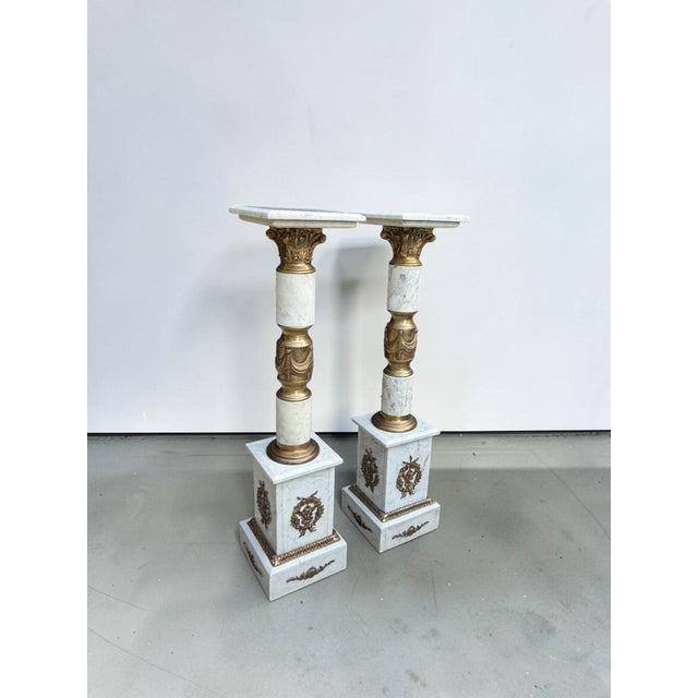 Antique French Empire Bronze Ormolu White Marble Pedestals - A Pair For Sale In Columbus - Image 6 of 10