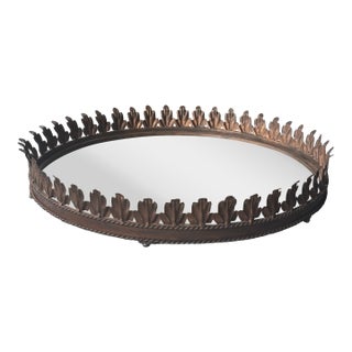 Large Vintage Italian Tole Acanthus Leaf Round Mirrored Tray / Round Mirrored Cocktail Tray For Sale