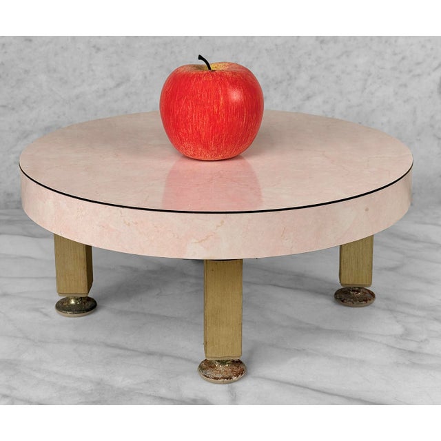 Original 1950's Round Plant Stand Attractive Pink Marbled Formica Finished Top Brushed Gold Legs with Nice Lines 12" wide...