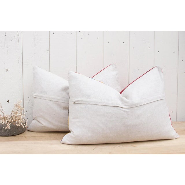 Red Set of Two Antique Mashru Tribal Lumbar Pillows For Sale - Image 8 of 10