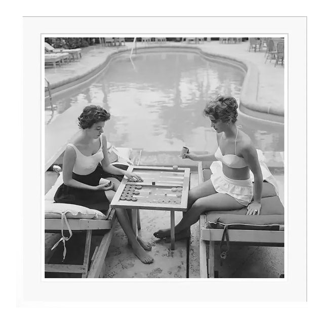 Backgammon by the Pool 1959 by Slim Aarons White Framed For Sale