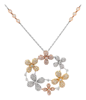 1.81 Carat Round Diamond in 14k Tri-Color Gold Flower Wreath Pendant Necklace