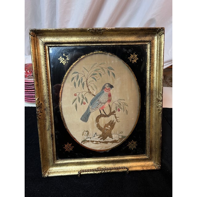 Antique Georgian Silk Embroidery Exotic Bird Painting in Verre Eglomise Gilt Frame For Sale - Image 14 of 14