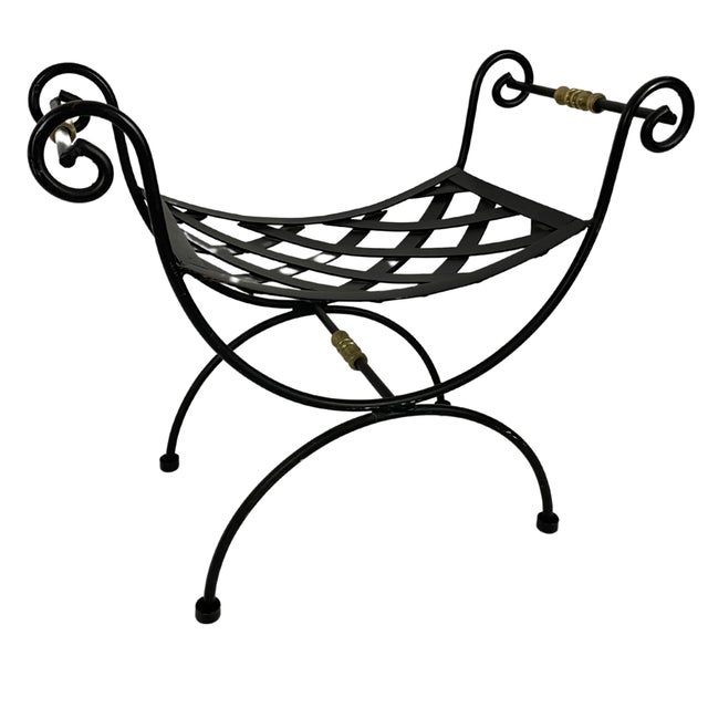 Black 1940s Neoclassical Blacksmith Wrought Iron and Brass Curule Bench For Sale - Image 8 of 10
