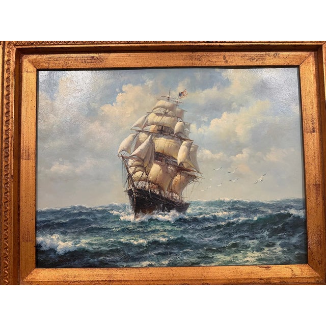 Realism Late 20th Century J. Clark - American Clipper at Sea, Oil on Canvas For Sale - Image 3 of 10
