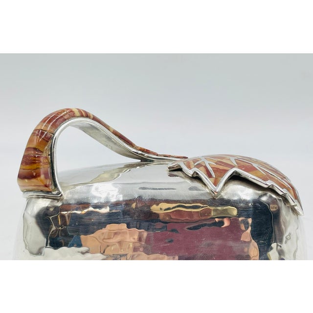 1980s Emilia Castillo Silver Plated “Maple Leaf” Jasper Inlay Covered Butter Dish For Sale - Image 9 of 14